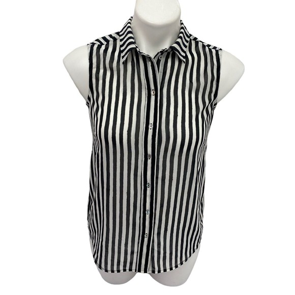 H&M Womens Top Blazer Combo Size 2 Black White Striped Chiffon Collar Blouse - Picture 11 of 11